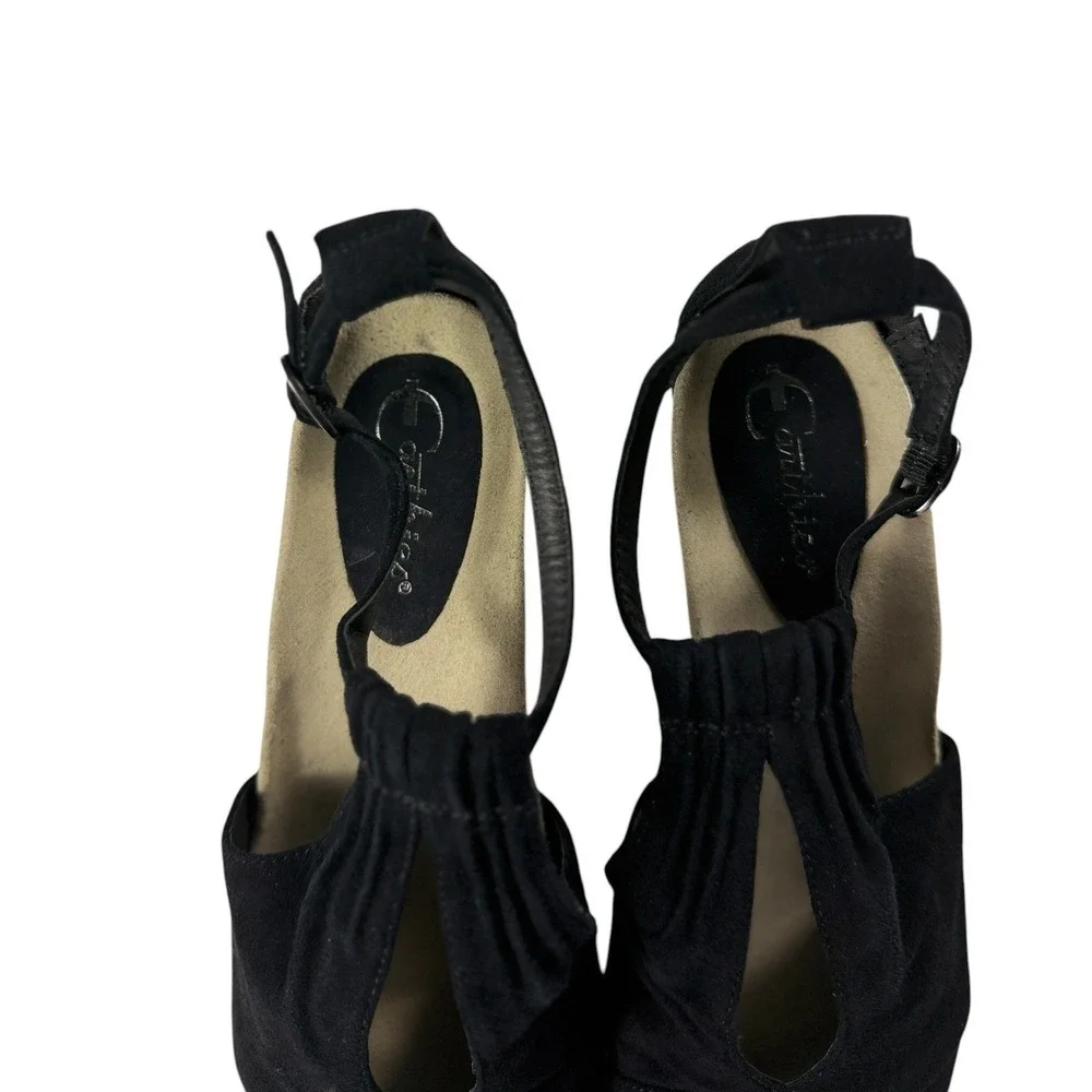 Earthies Veria Black Kid Suede Peep Toe Block Heel Sandals Womens 10B 800022WSDE